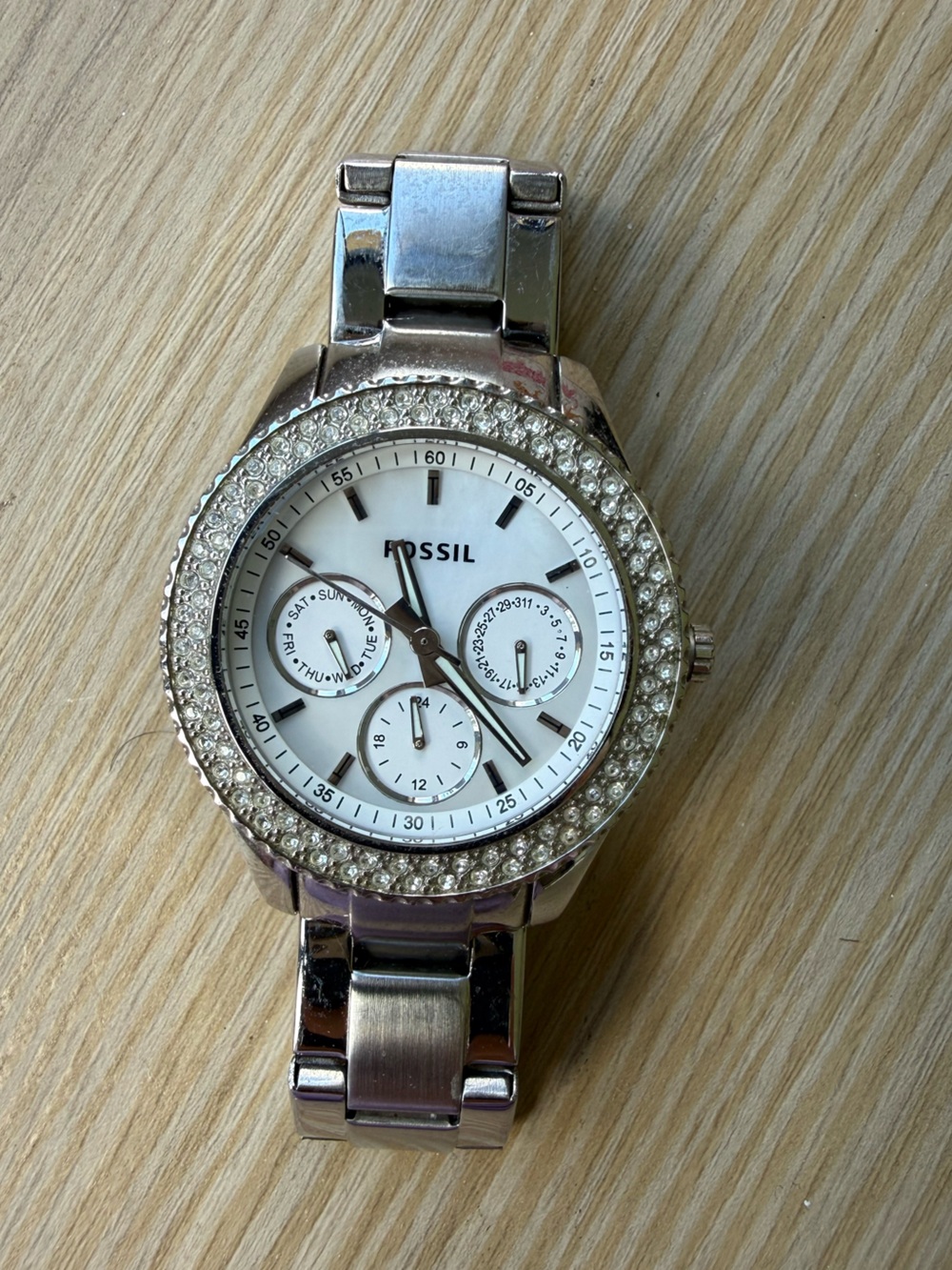 Fossil Silver-tone Crystal Bezel Women's Watch with White Dial